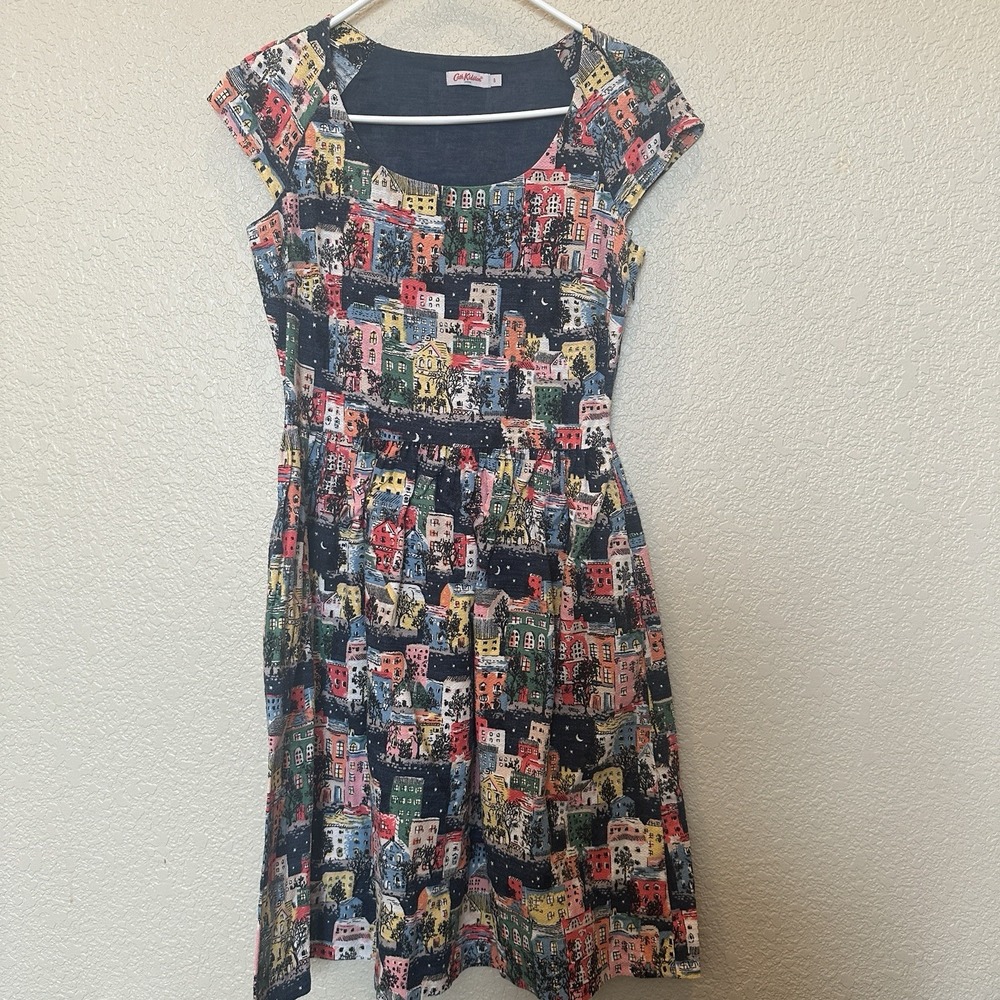 Cath Kidston Starry Night Townhouses dress Women's Size 4 UK 8 W/ Pockets London